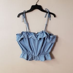 NWOT American Eagle AE Blue Denim Ruffled Tie Strap Crop Top Size Medium